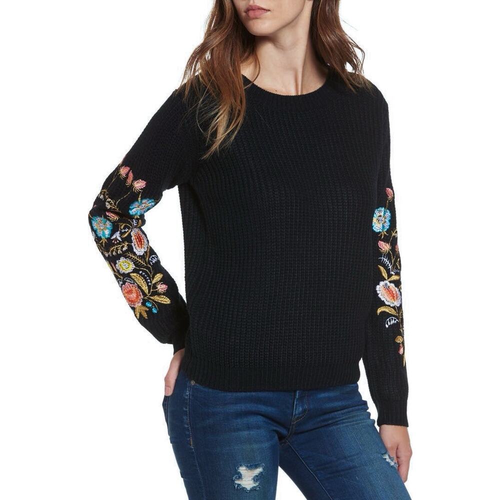 Womens Floral Embroidered Sweater Y2K Boho Grandma Retro - Black, Size M